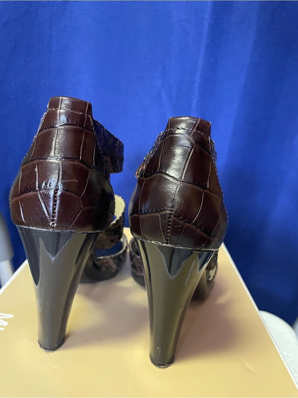 Michael Kors Brown Snake-Print T-Strap Heels with Front Zipper